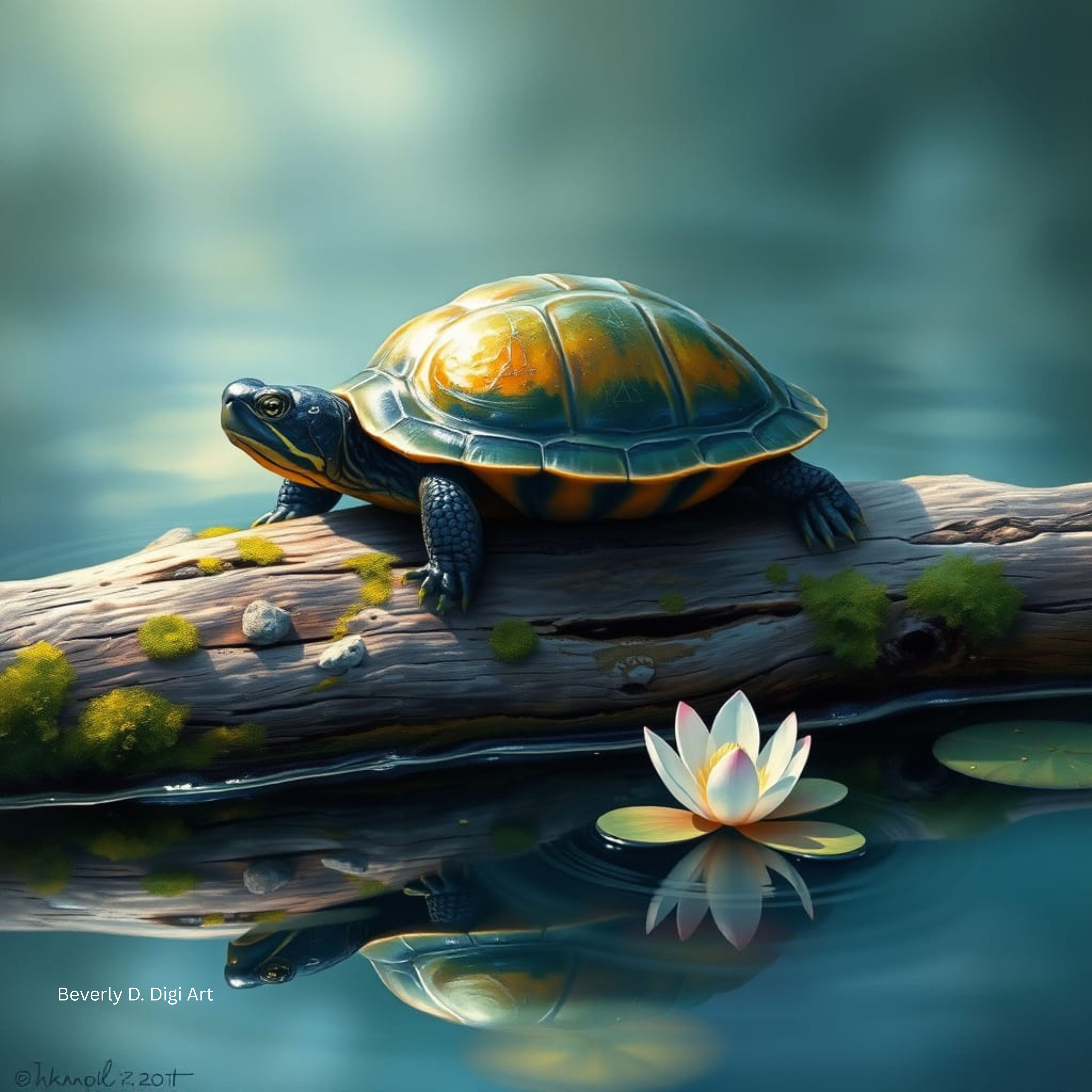 Painted Turtle and White Water Lily