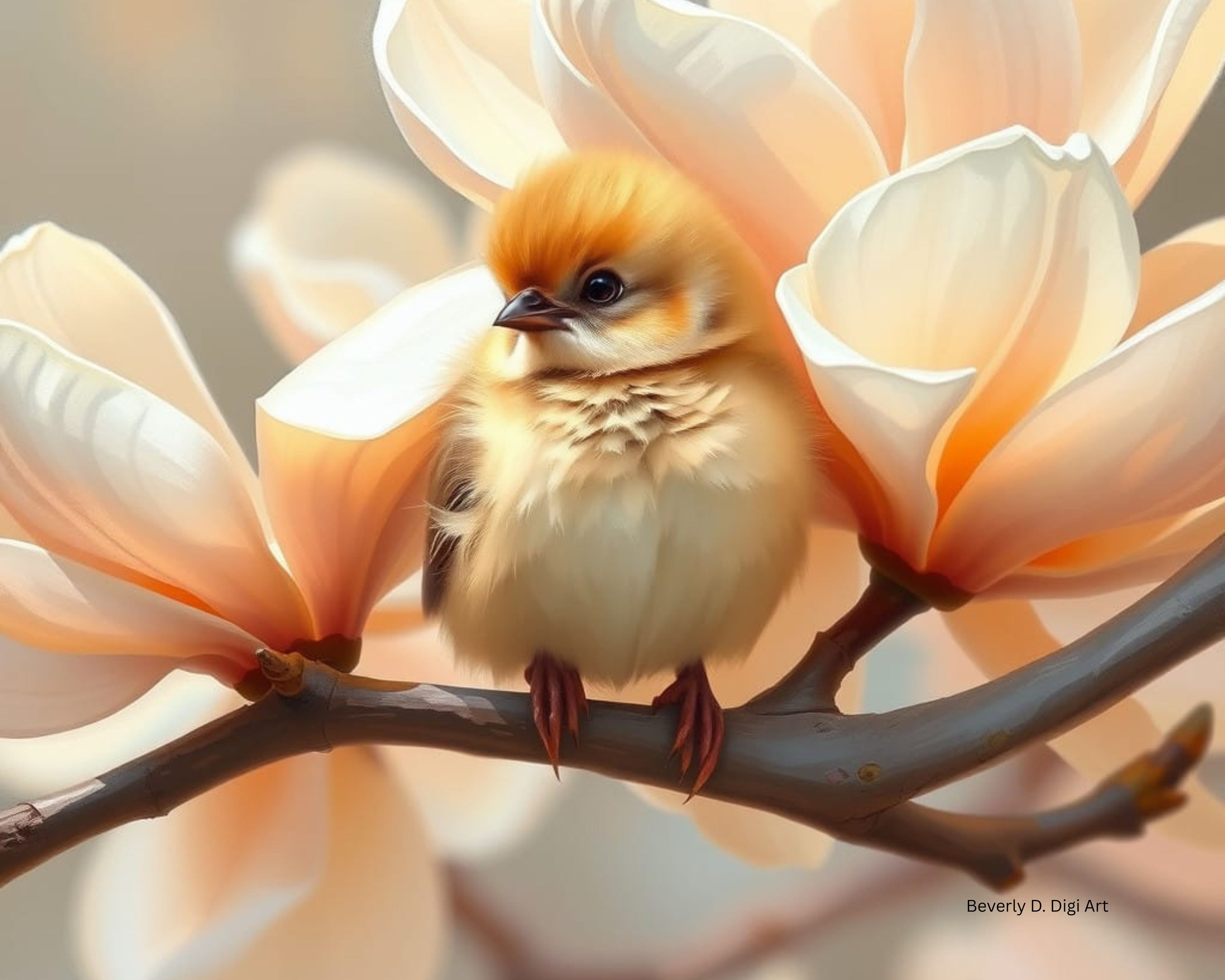 Golden Bird in Peach Magnolia Blossoms – Soft Spring Digital Art Print