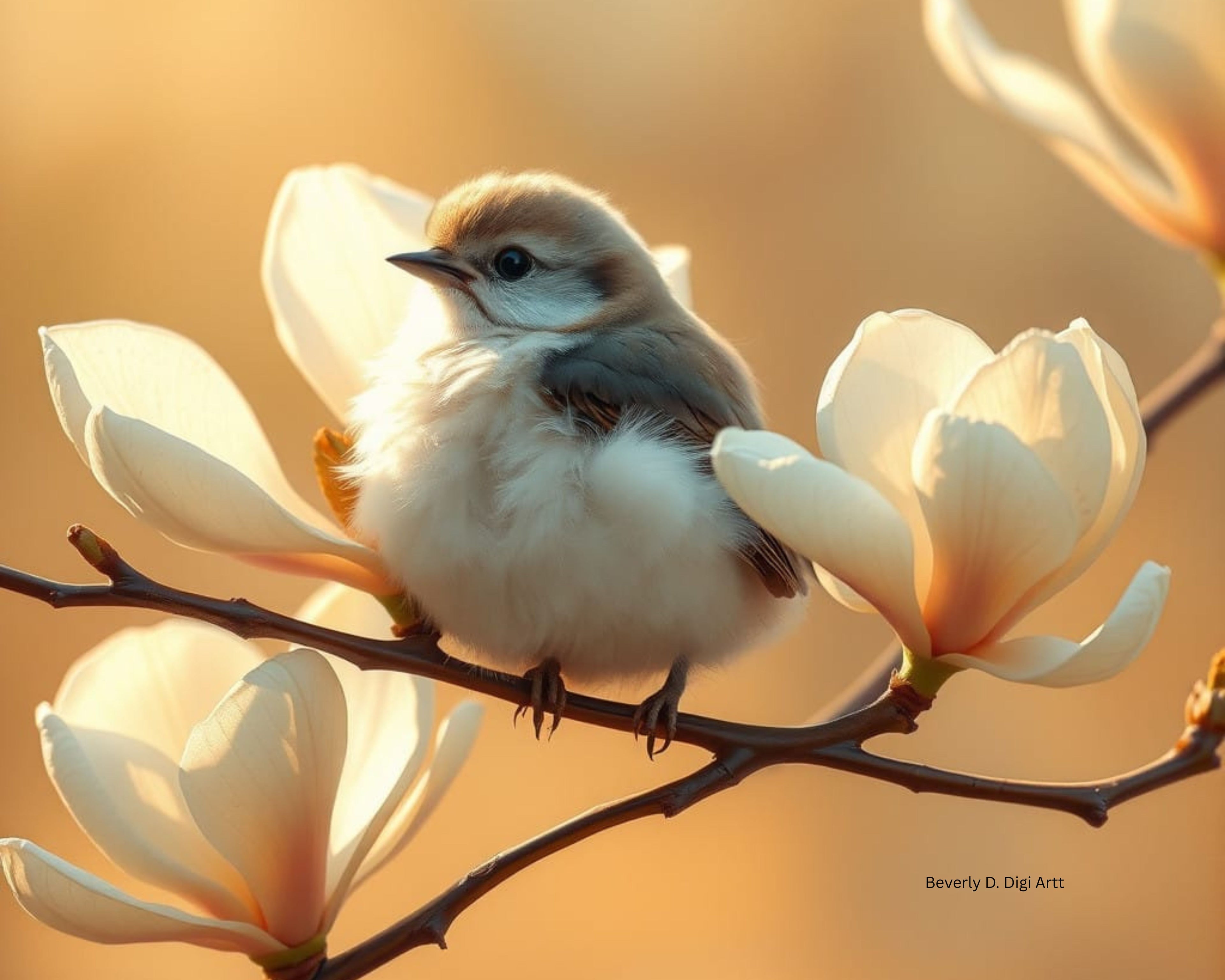 Bird in Magnolia Blossoms – Golden Light Digital Art Print