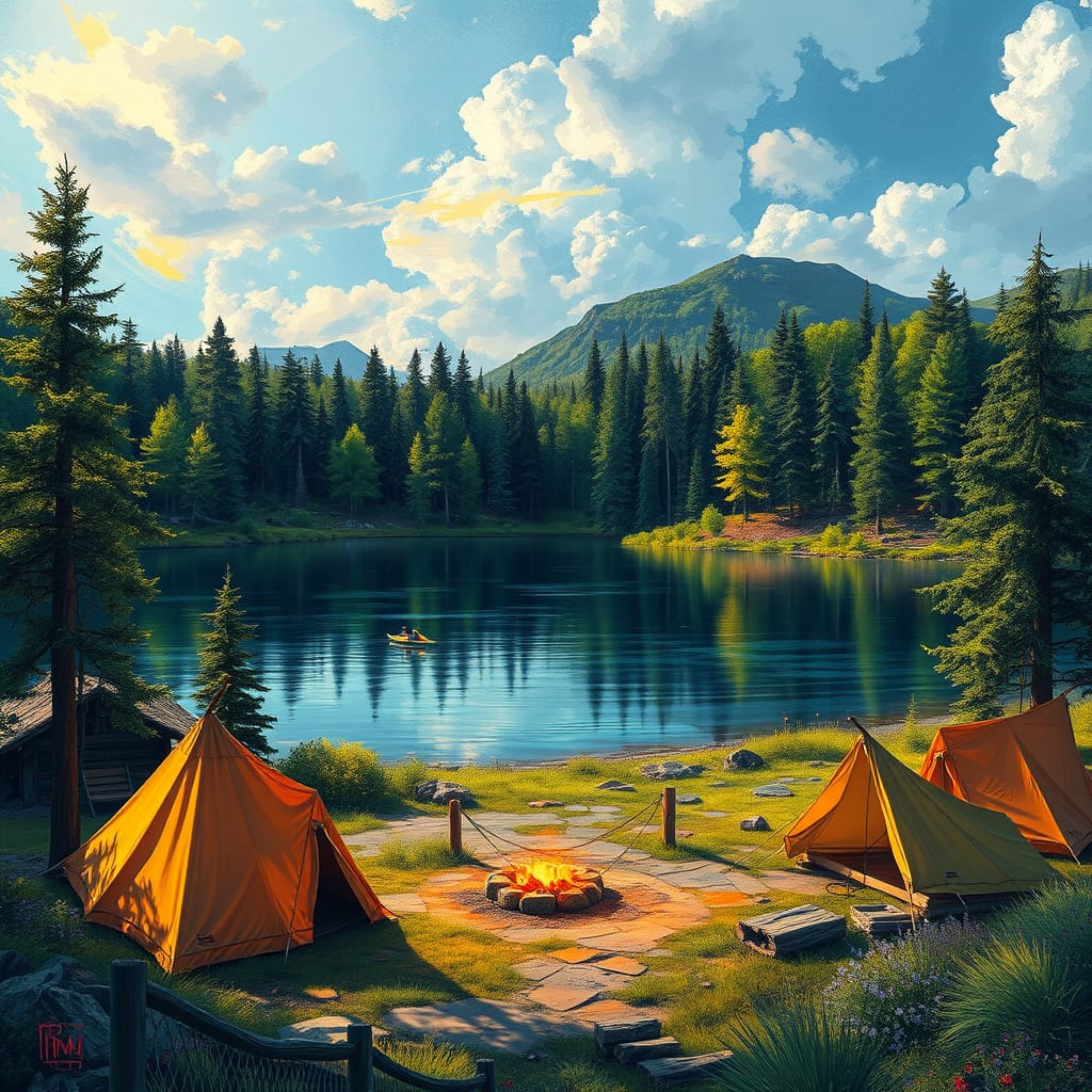 Lakeside Camping – Mountain Campfire Nature Digital Art Print