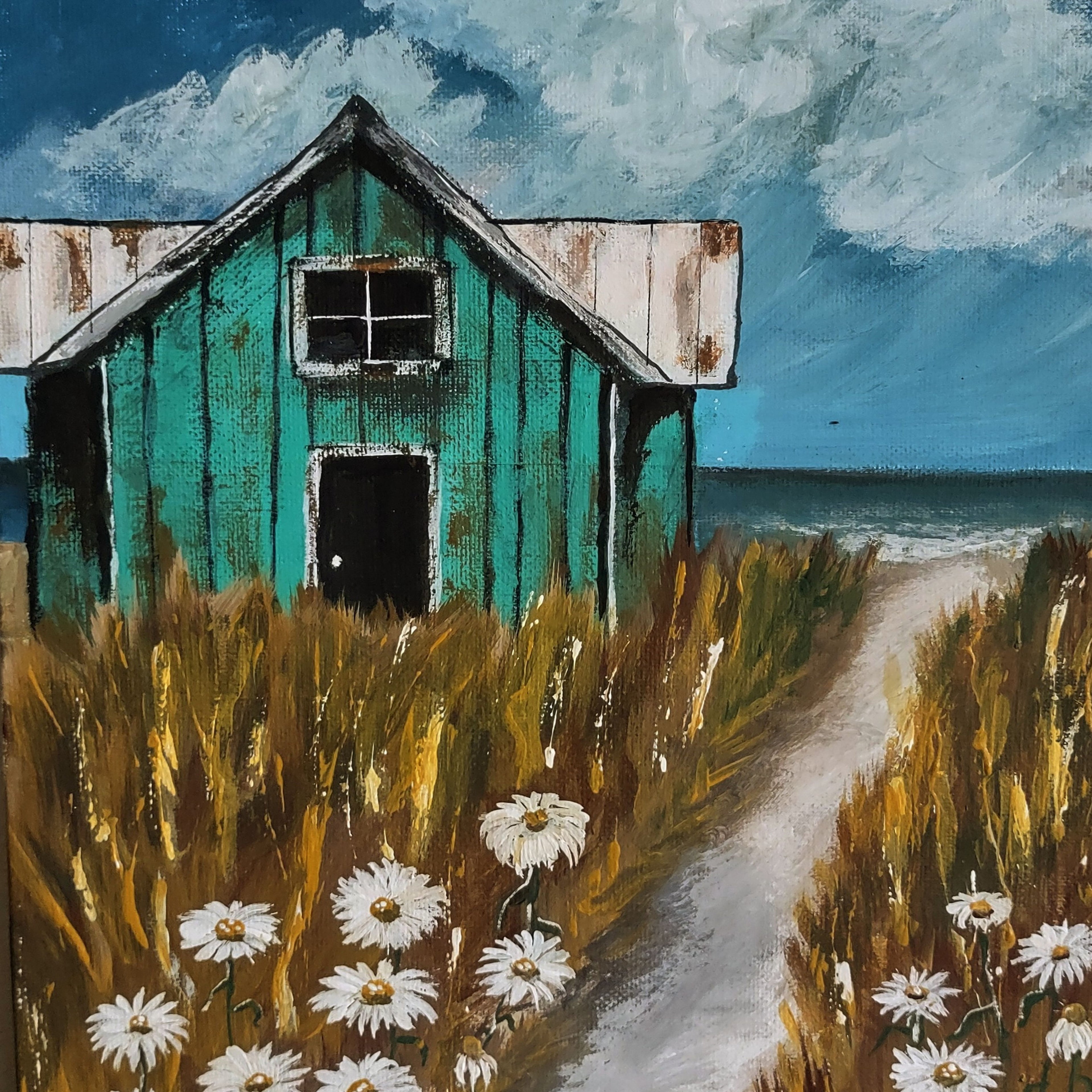 Daisy Path to the Shore – Coastal Cottage Landscape Painting