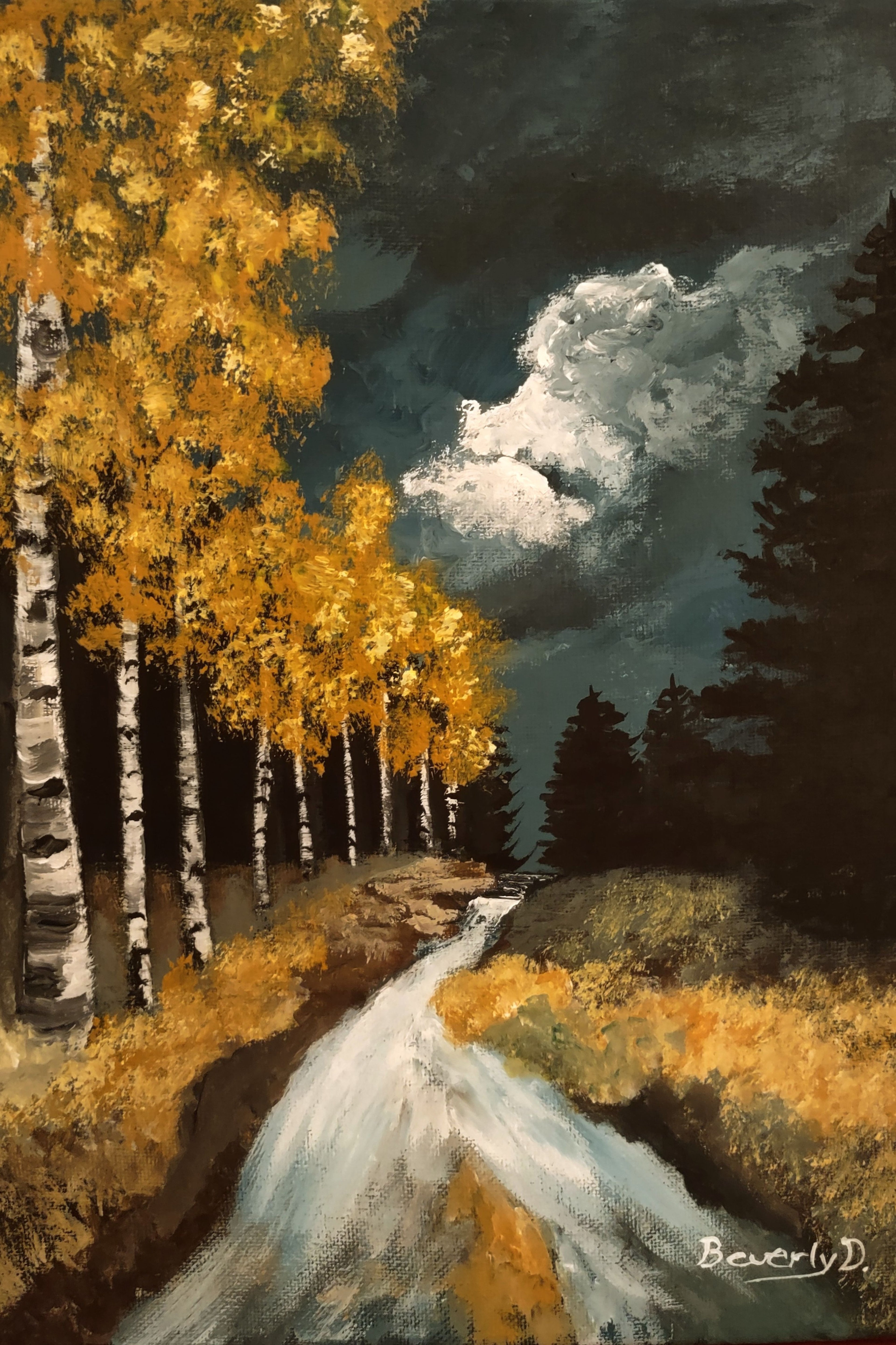 Golden Birch Road – Autumn Landscape Painting