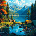 On the Lake – Lakeside Campsite & Cabin Digital Art Print