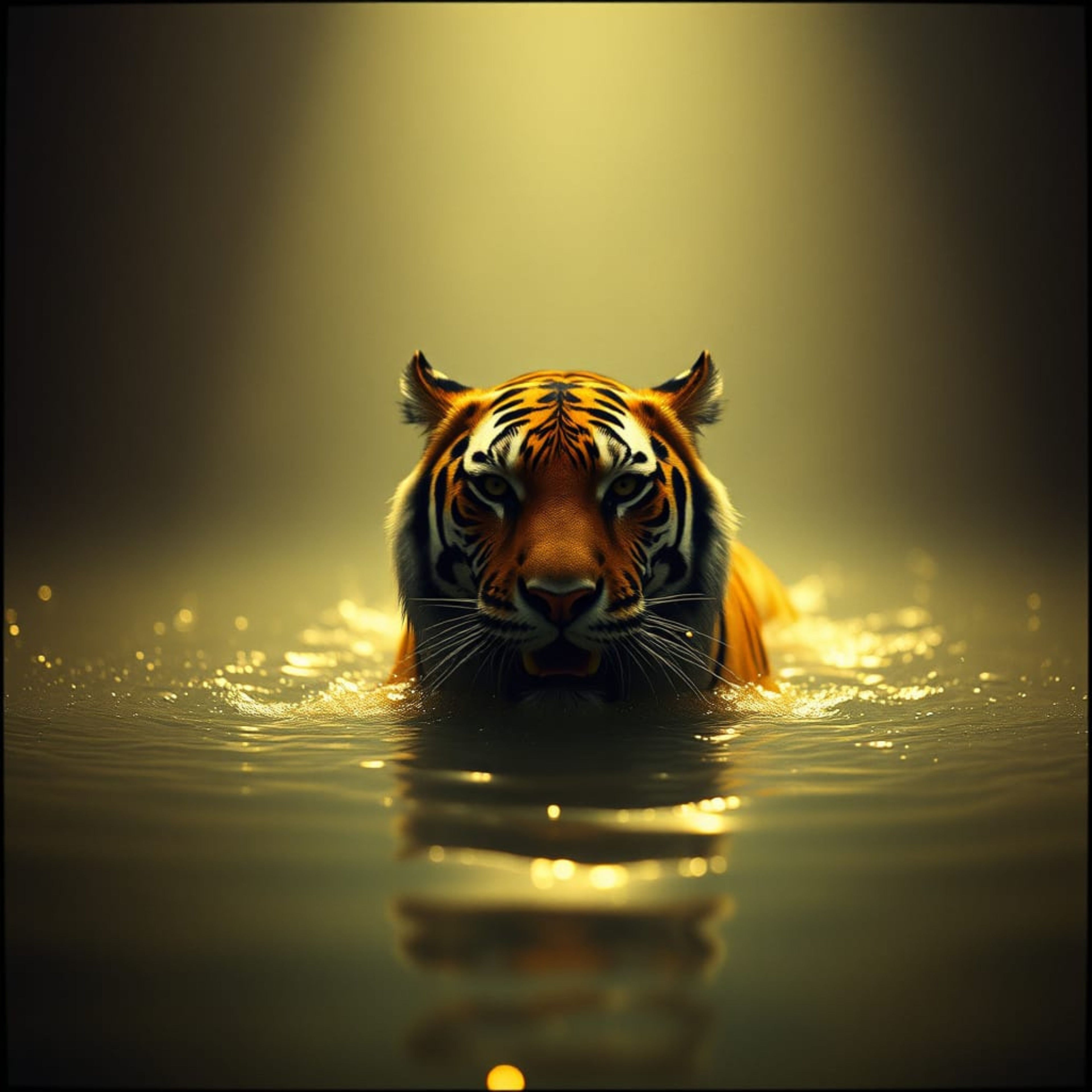 Golden Guardian Tiger in Water – Majestic Wildlife Digital Art