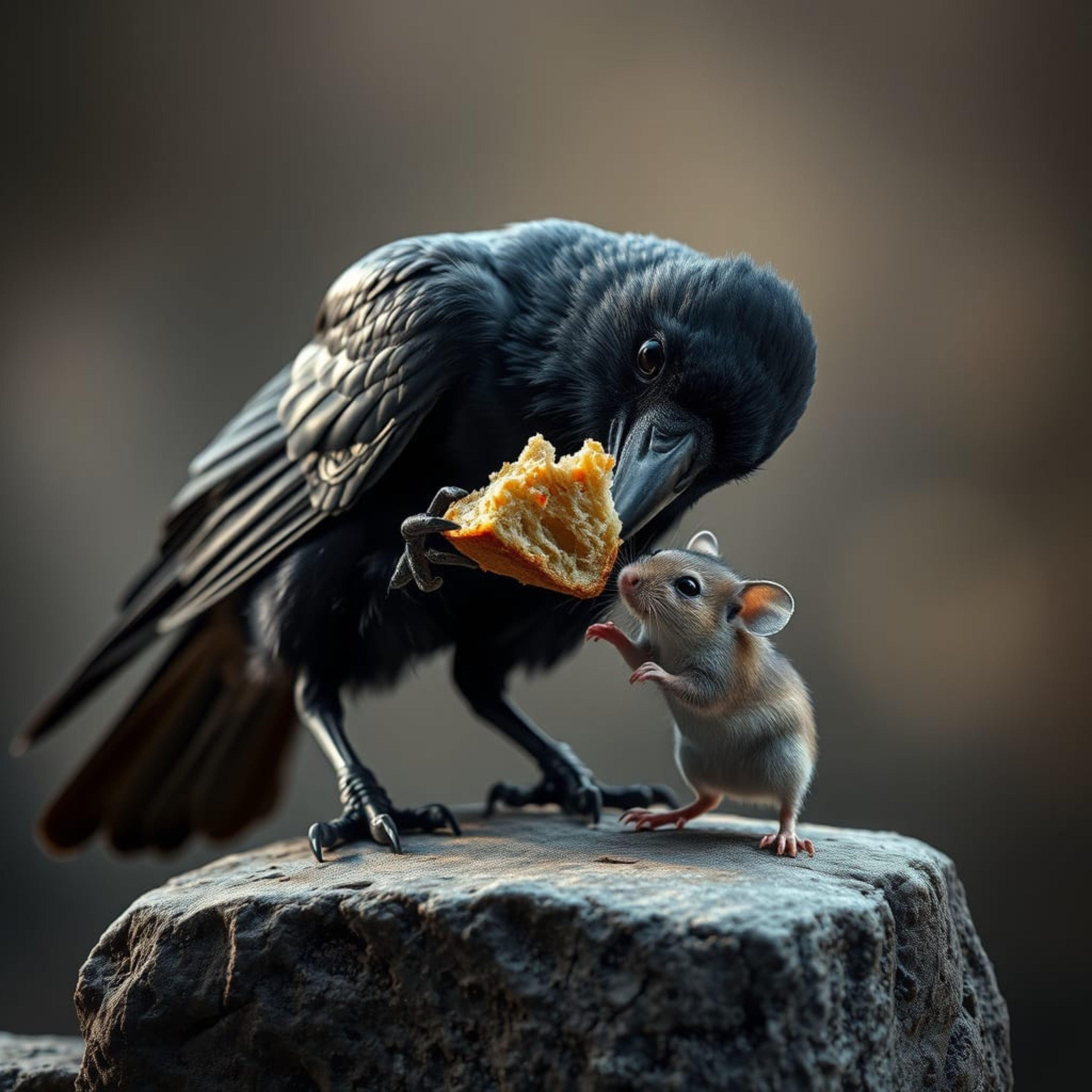 Crow eating with mouse.