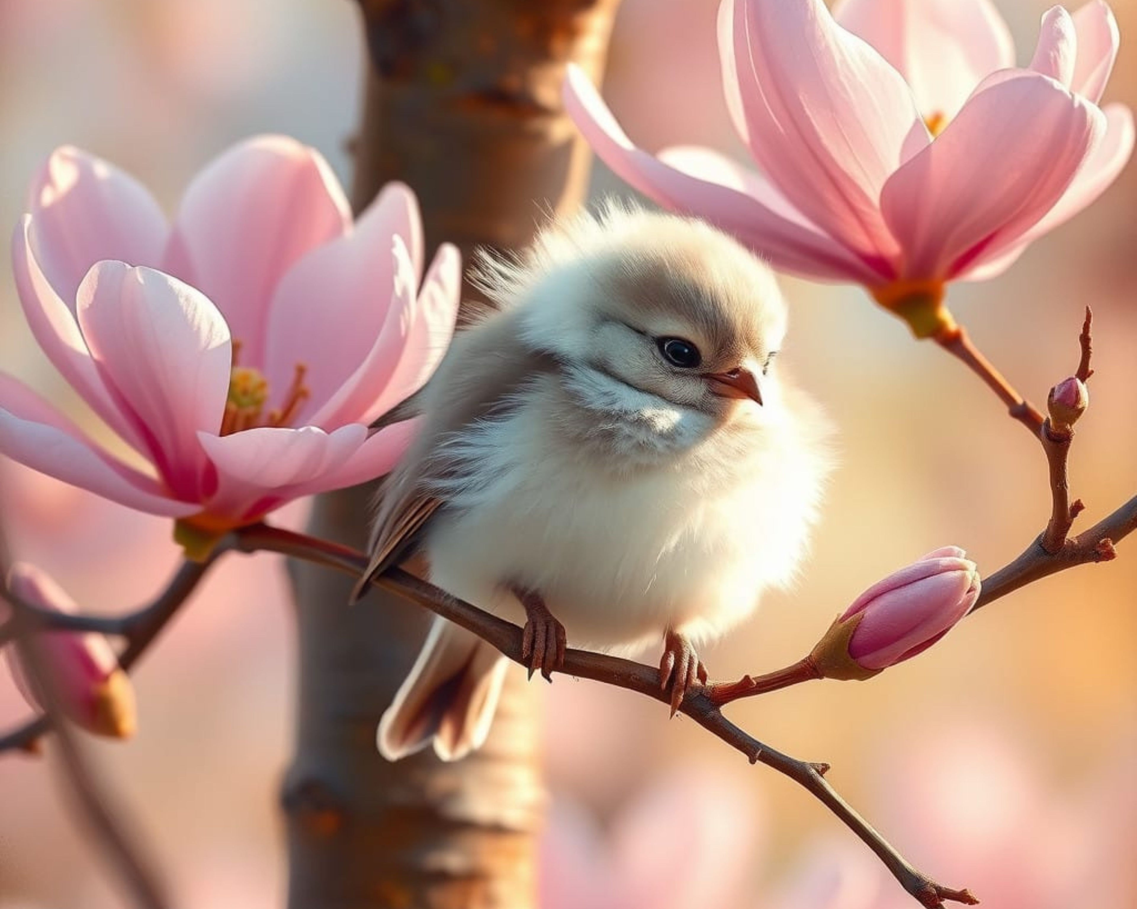 Baby Chick in Pink Magnolia Blossoms – Spring Digital Art Print